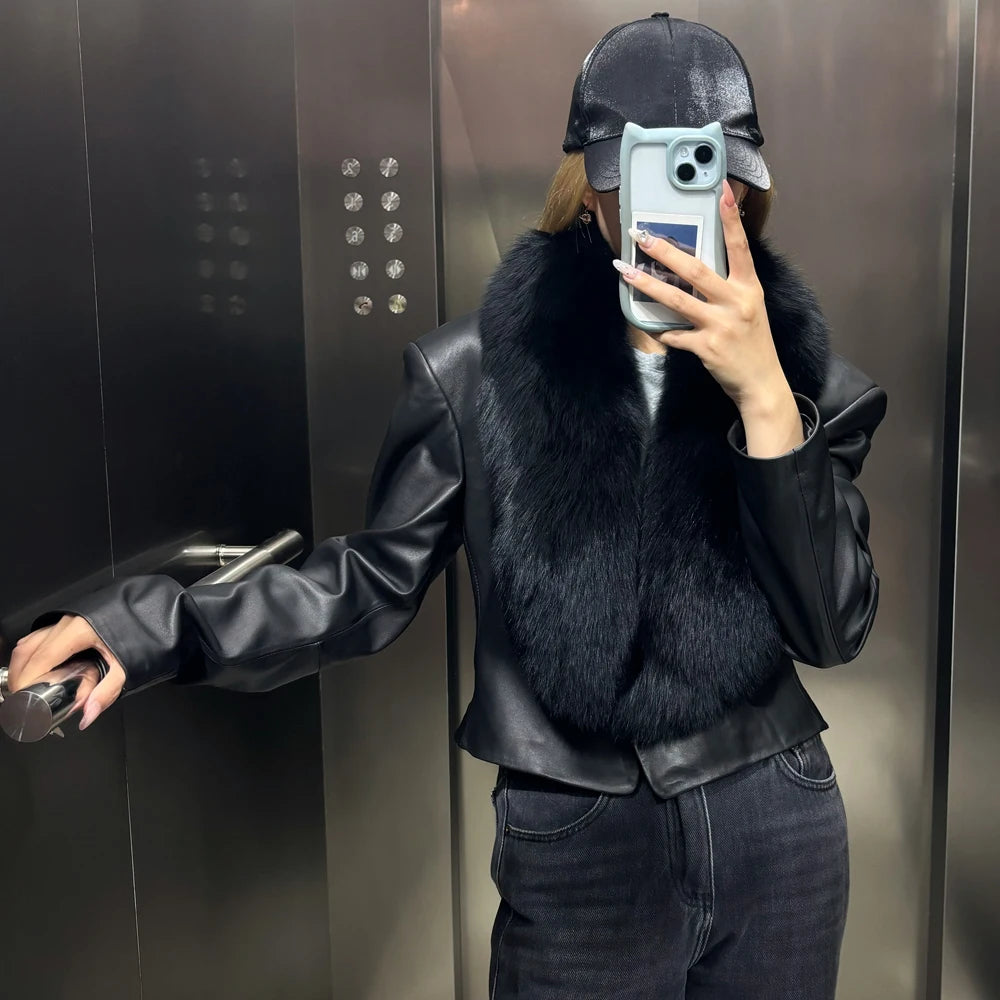 Leather Fur Blazer Broad Shoulder Design