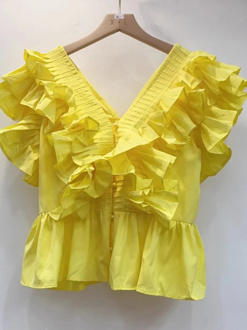 V-neck Flounce Women's Clothes Retro Flying Sleeves Pleat And Waisted Blouse Polyester