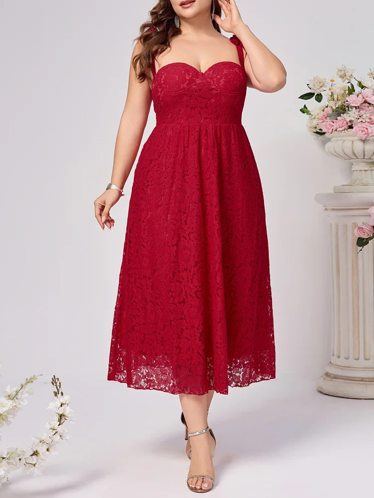 Plus Size Solid Lace Elegant Straps Backless High Waist Sleeveless Dress