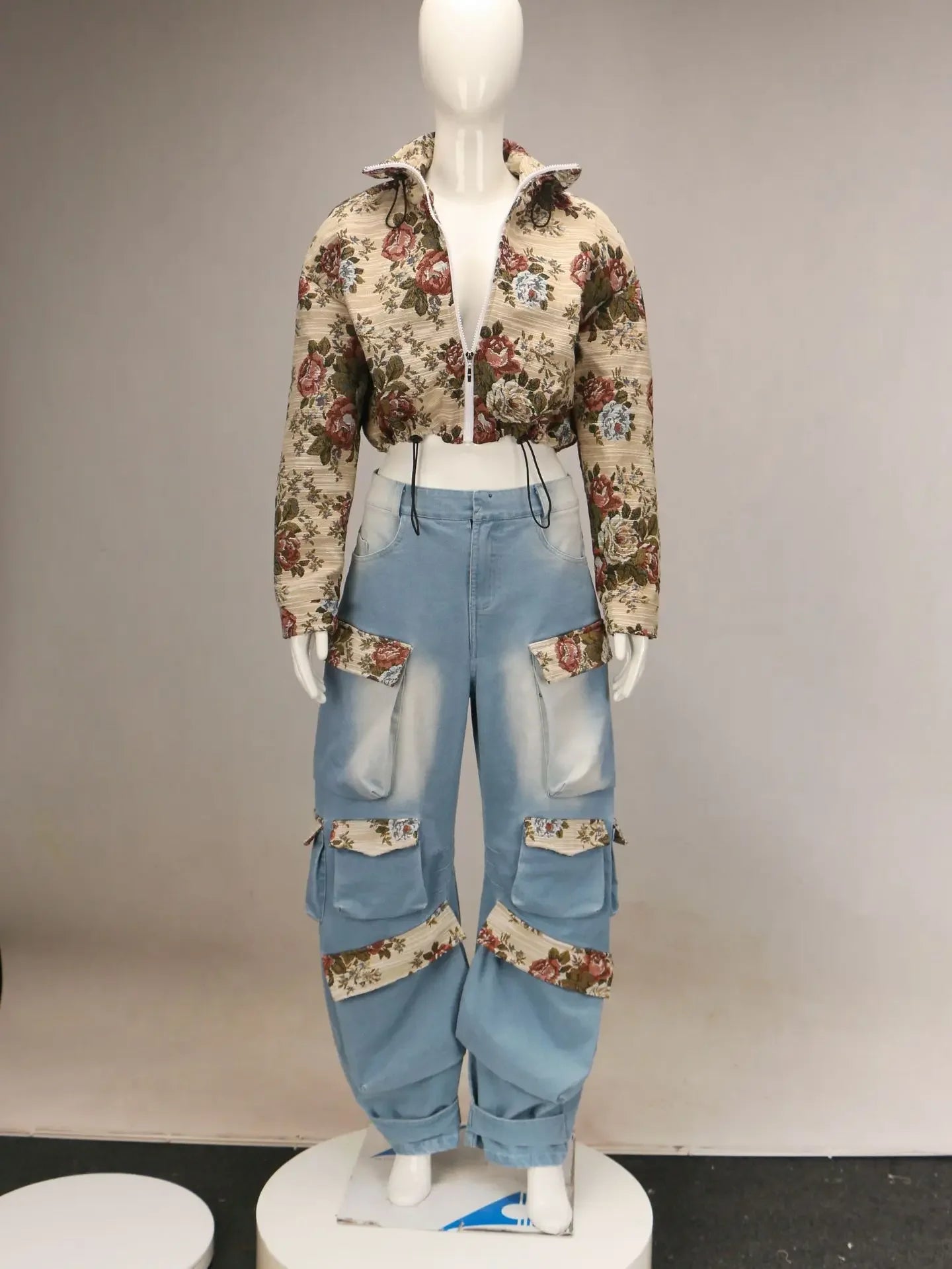 Washed Denim Full Sleeve Floral Jacket and Pockets Cargo Jeans 2 Piece Set