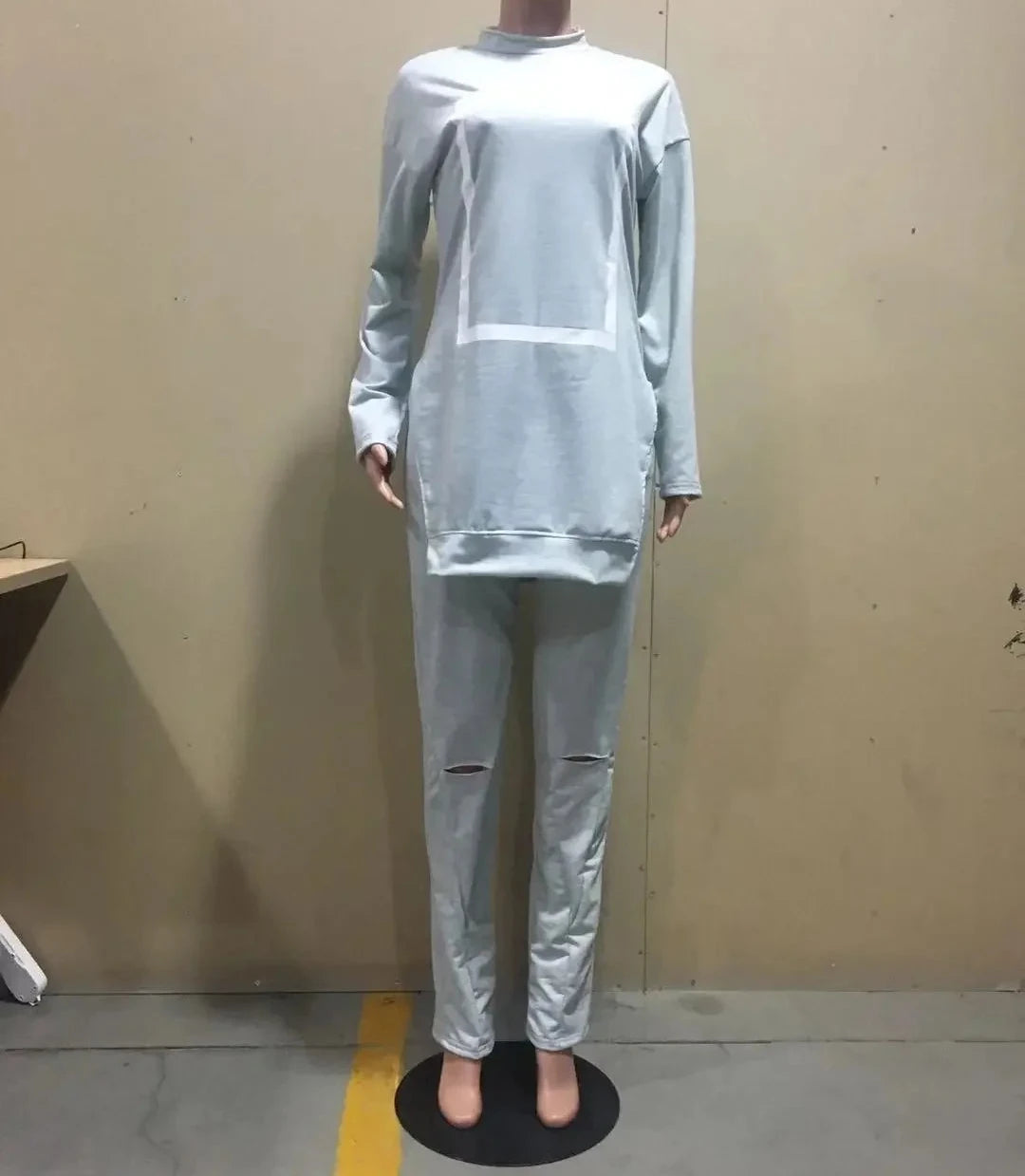 Women's Fleece Patchwork Active wear Crewneck Sweatshirt + Holes -in- Pants Set