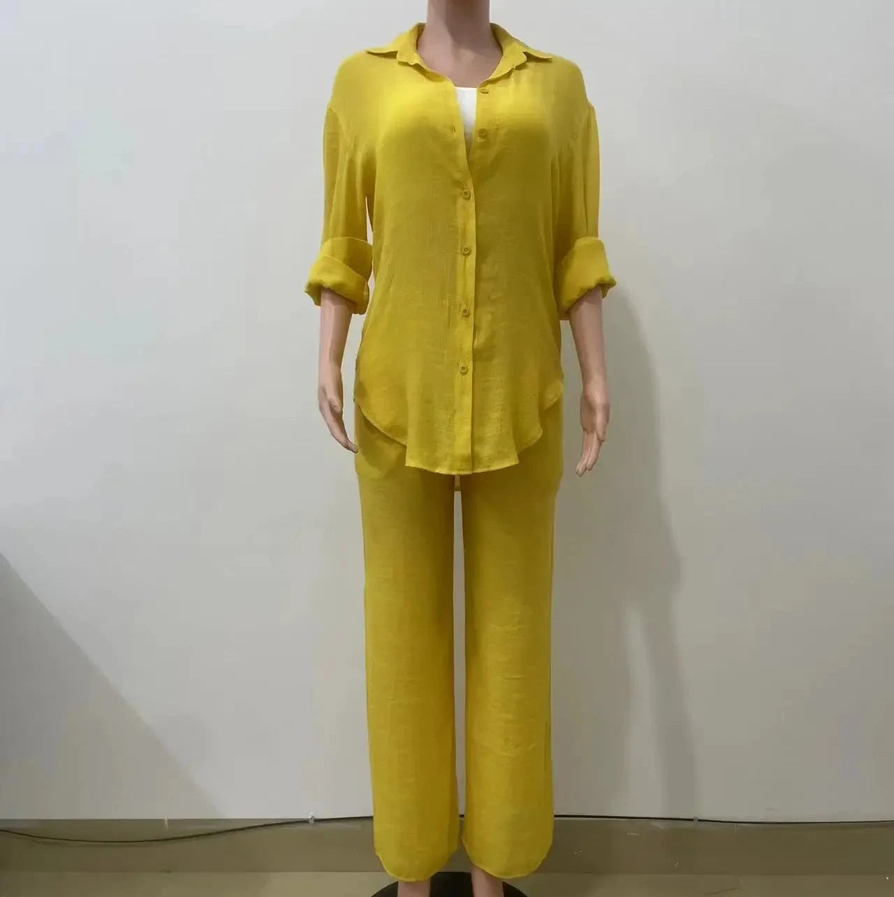 Women's Full Sleeve Single Breasted Shirts & Wide Leg Pants Set