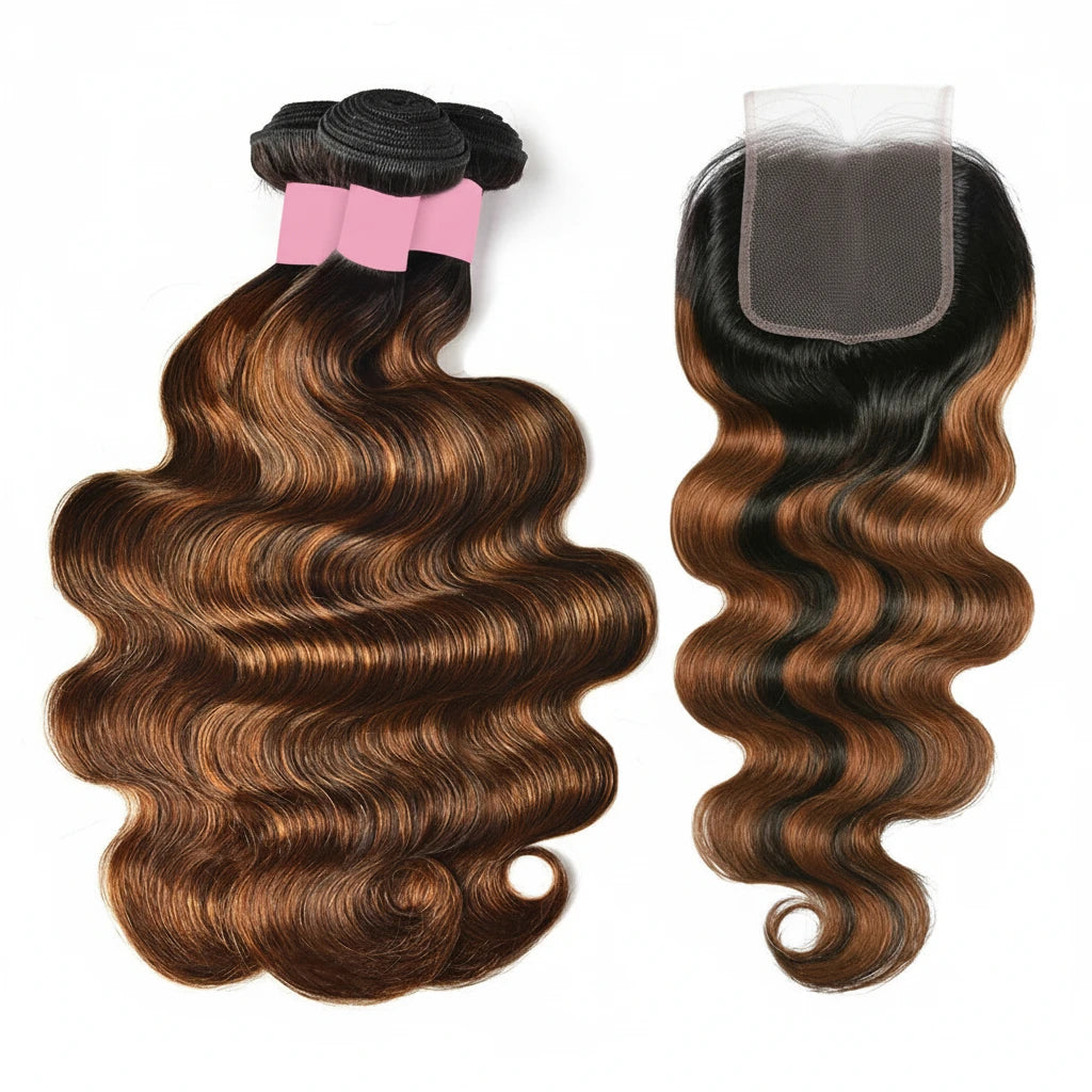 Brown Balayage Wave Hair Bundles 4X4 Lace Closure with Extensions