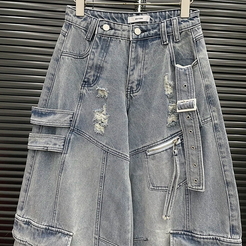Women's Vintage Pocket Cargo Wide Leg Denim Pants