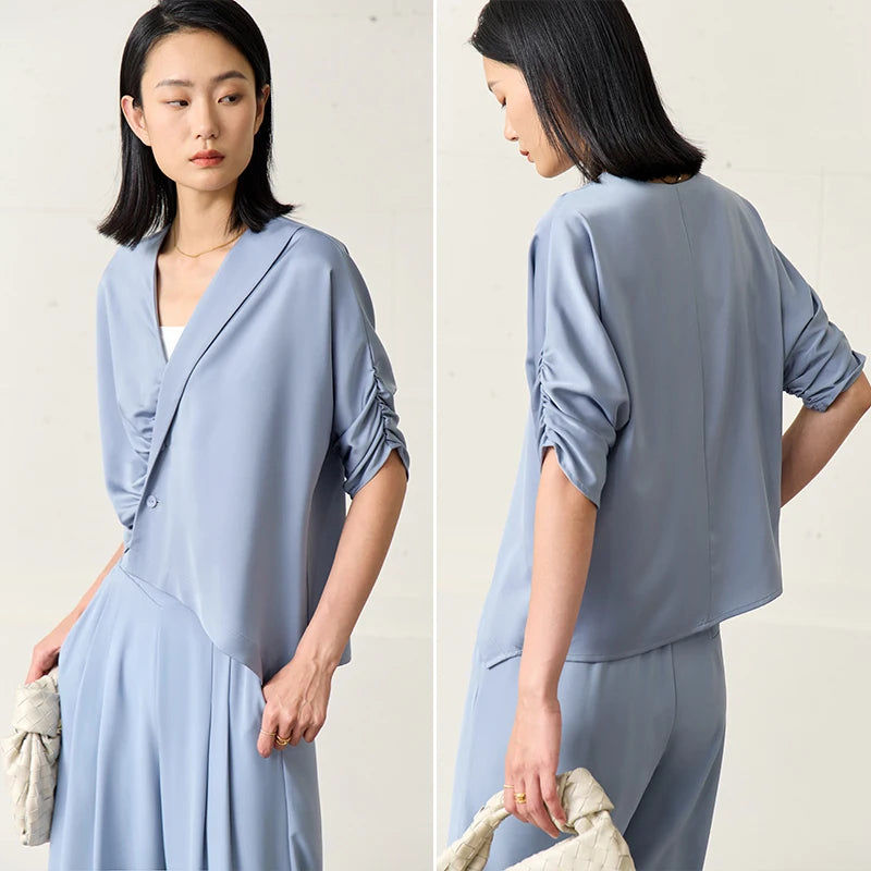 Women’s Solid Half Sleeve Loose V Neck Blouse