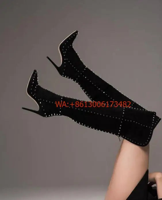 Thin High Heel Rivets Luxury Over The Knee Suede Pointed Toe Boots