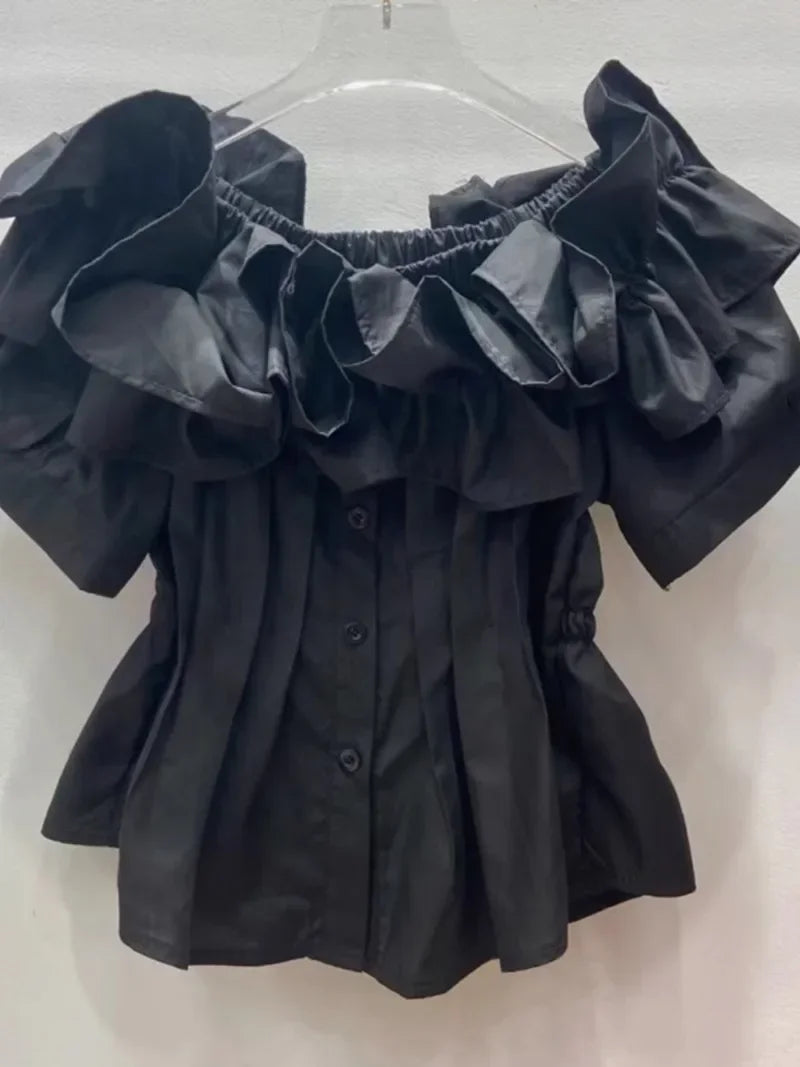 Women’s Pleated Tunic Ruffles Puff Sleeve Slash Neck Blouse