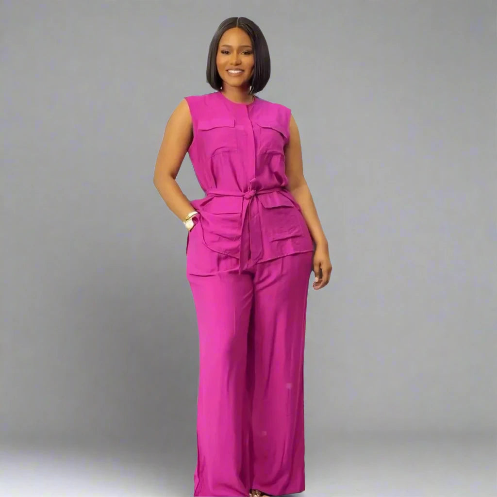 Women's Sleeveless Shirt Top + Wide Leg Pants Set with Belt