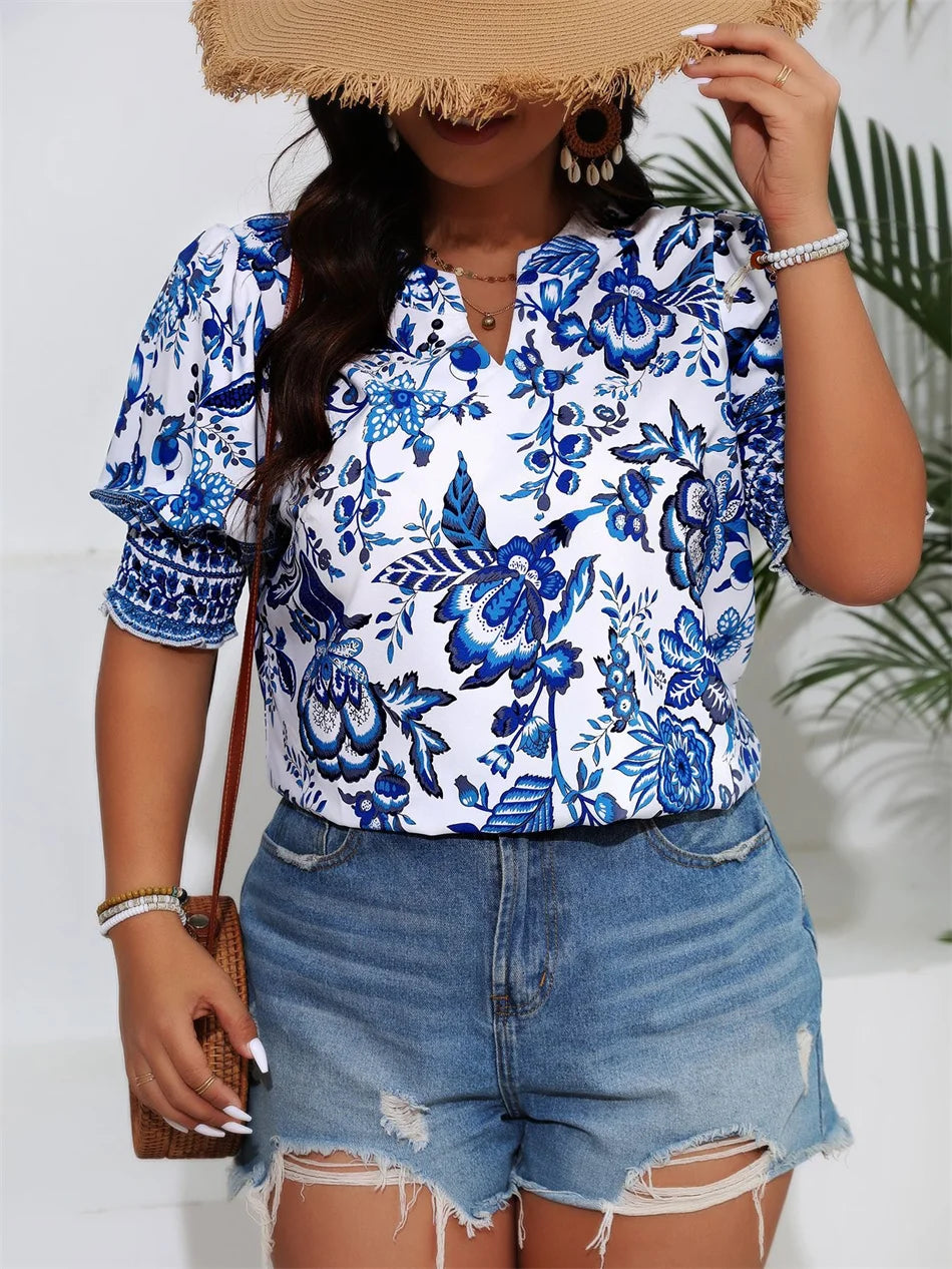 Plus Size Women’s Ethnic Print Notch Neck Loose Blouse