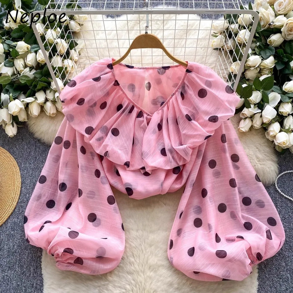 Polka Dot Puff Sleeve Simple Loose Ruffles Blouse
