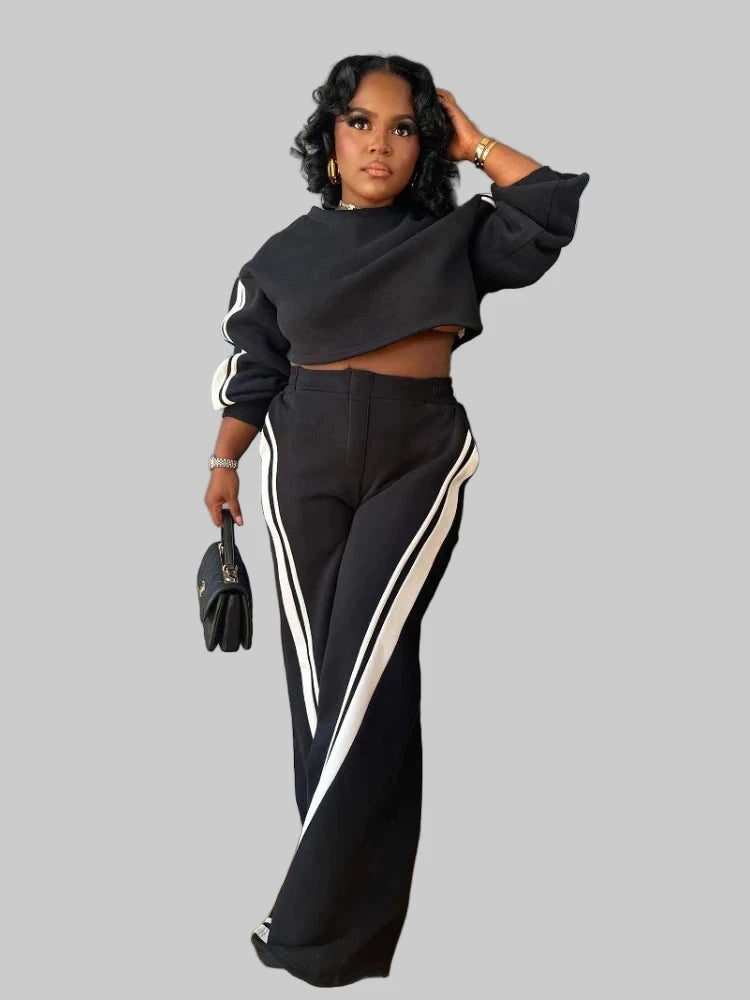 Active Striped Splicing Women's Long Sleeve Sweatshirt and Sweat Pants Tracksuit