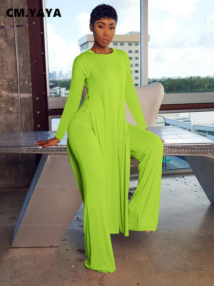 Women's Long Sleeve High Slit X-long Tee Top & Straight Pant Suit
