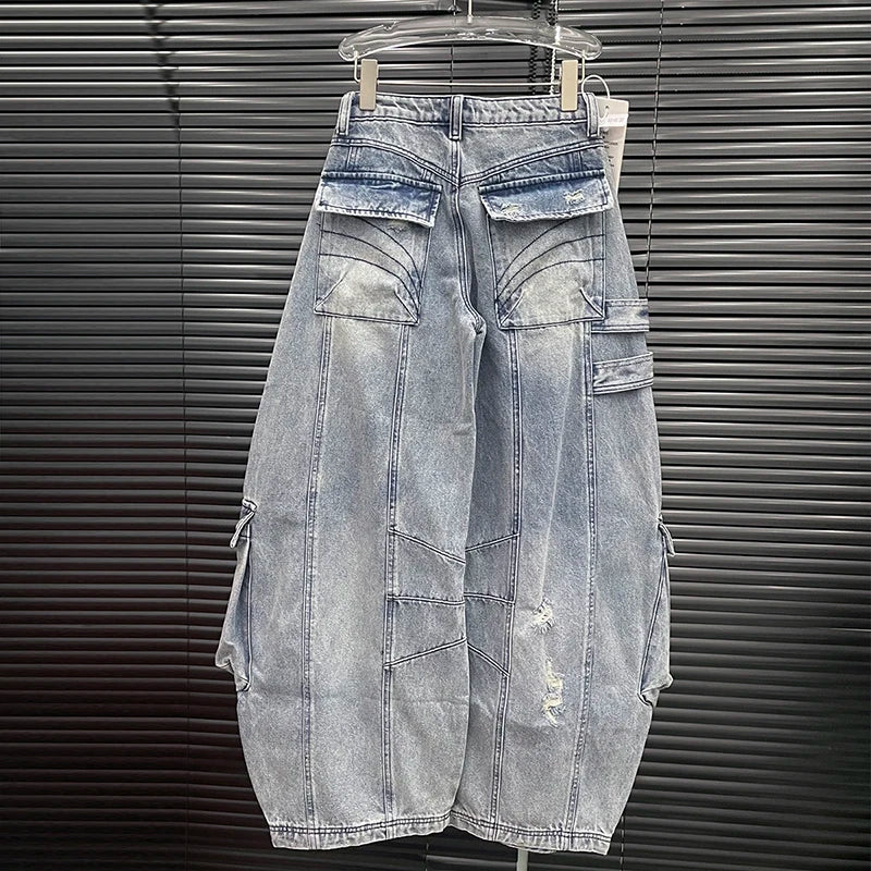 Women's Vintage Pocket Cargo Wide Leg Denim Pants