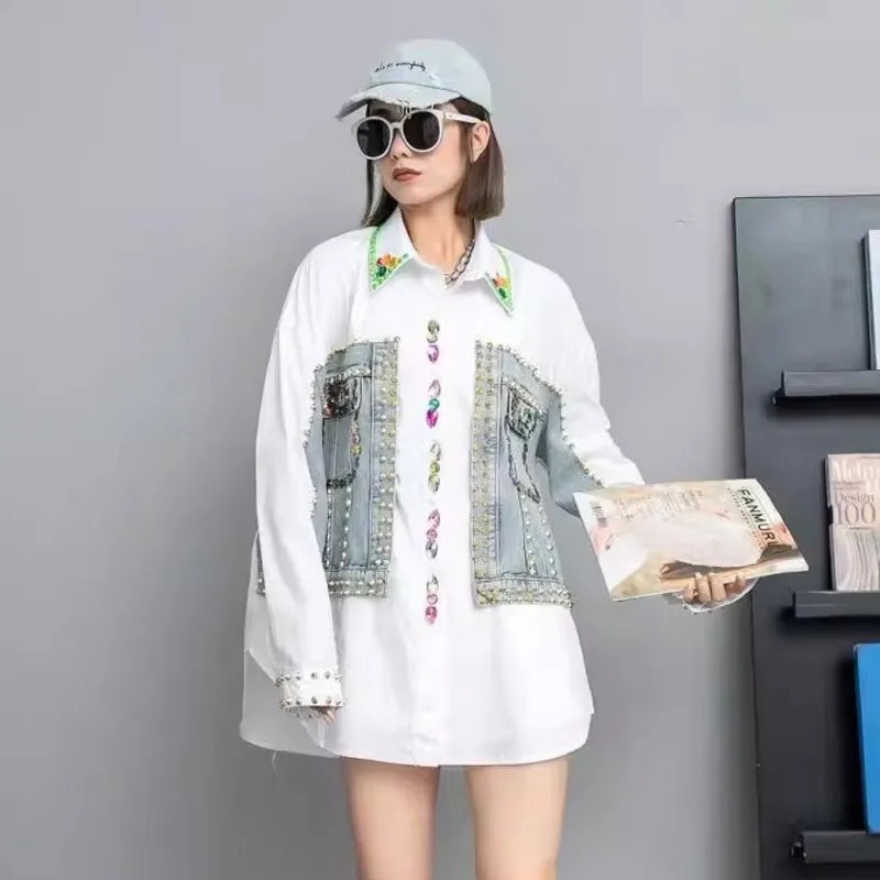 Women's Shirt Colored Diamond Beading Rivet Patchwork Denim Blouse