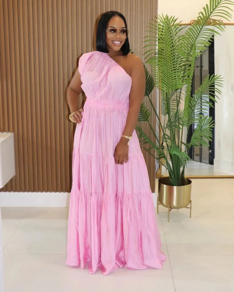 Women’s Sleeveless Skew Neck Ruched Maxi Dress