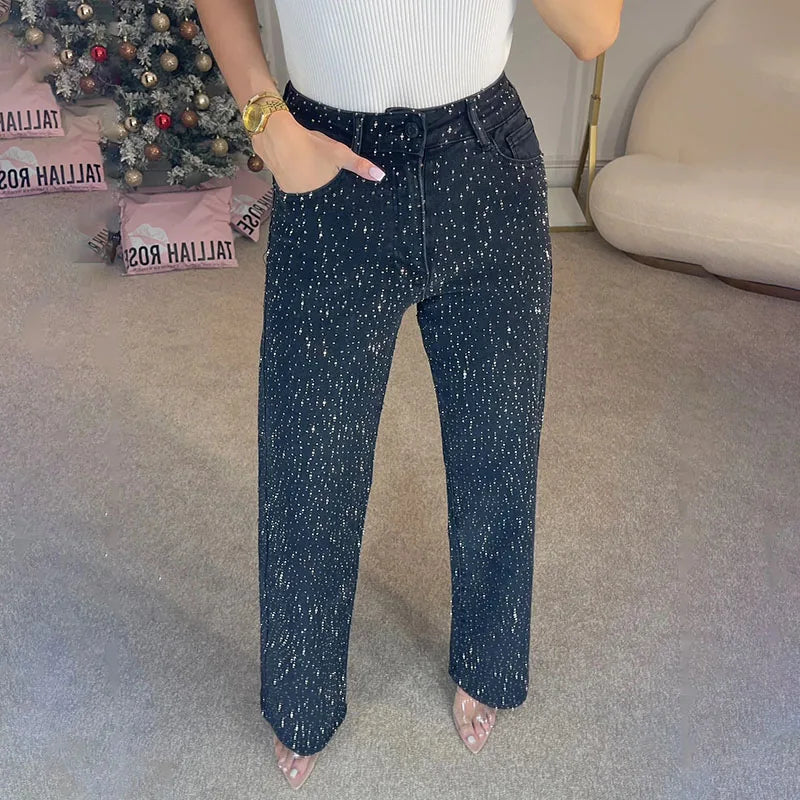 Women’s Rhinestone Denim Wide Leg Straight Jeans