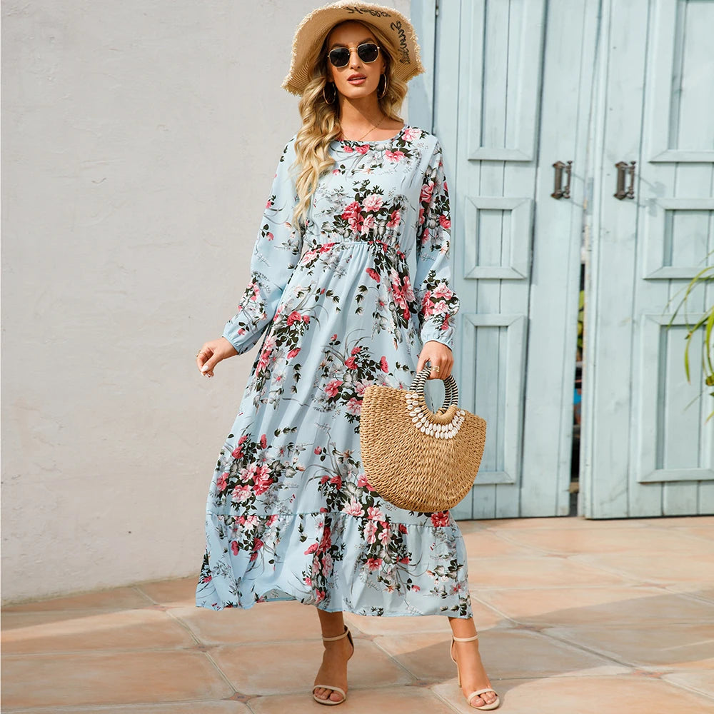 Bohemian  Chiffon Casual Long-Sleeve High Waist Maxi Dress