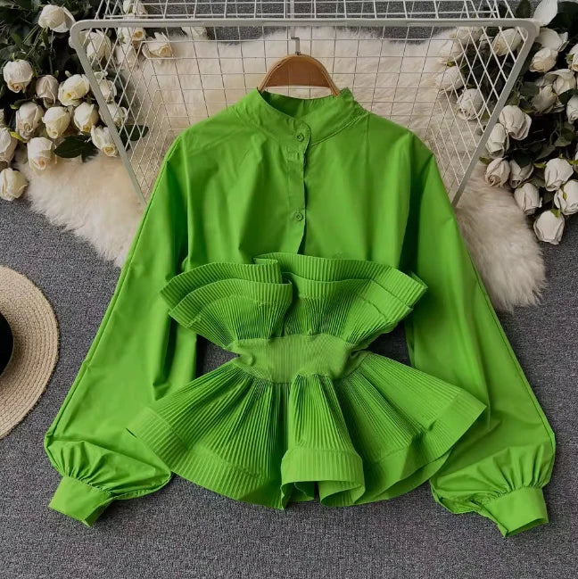 O Neck Puff Long Sleeve Ruffles Patchwork Slim Blouse