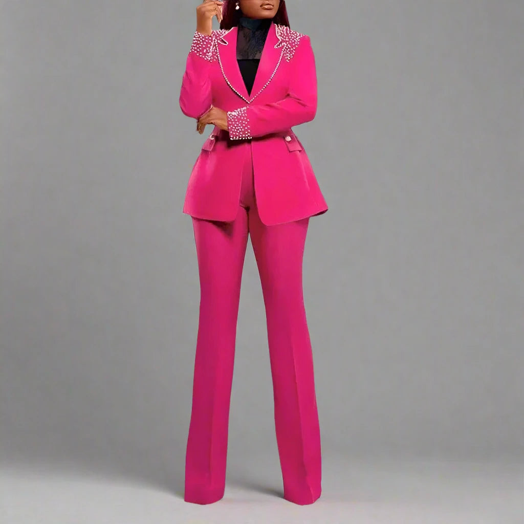 Women's Pearl Splicing Long Sleeve Blazer and Wide Leg Pants Suit