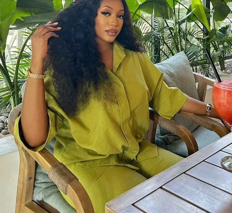 Women's Three Quarter Sleeve Blouse and Flare Pants Set