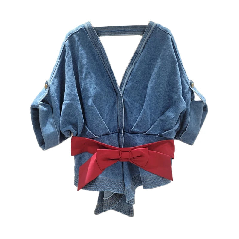 Women's Denim Shirt Deep V-neck Backless Short Sleeve Contrast Blouse