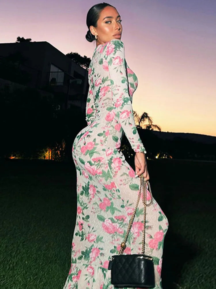 Bodycon Long Sleeve Half High Collar Print Zipper High Waist Maxi Dress