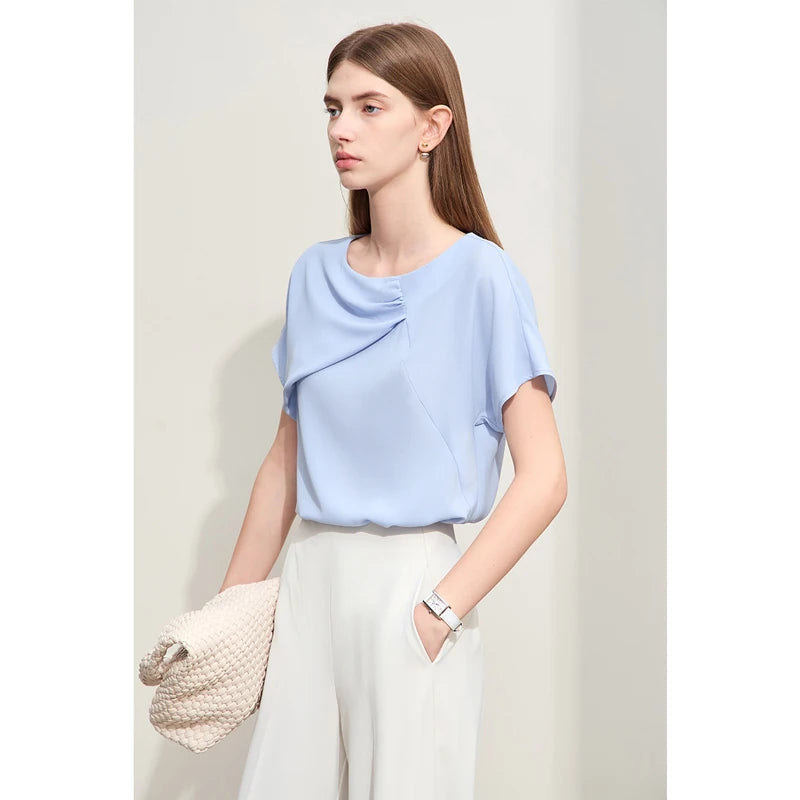 Women’s Round Neck Small Fly Sleeve Loose Basics Chiffon Blouse
