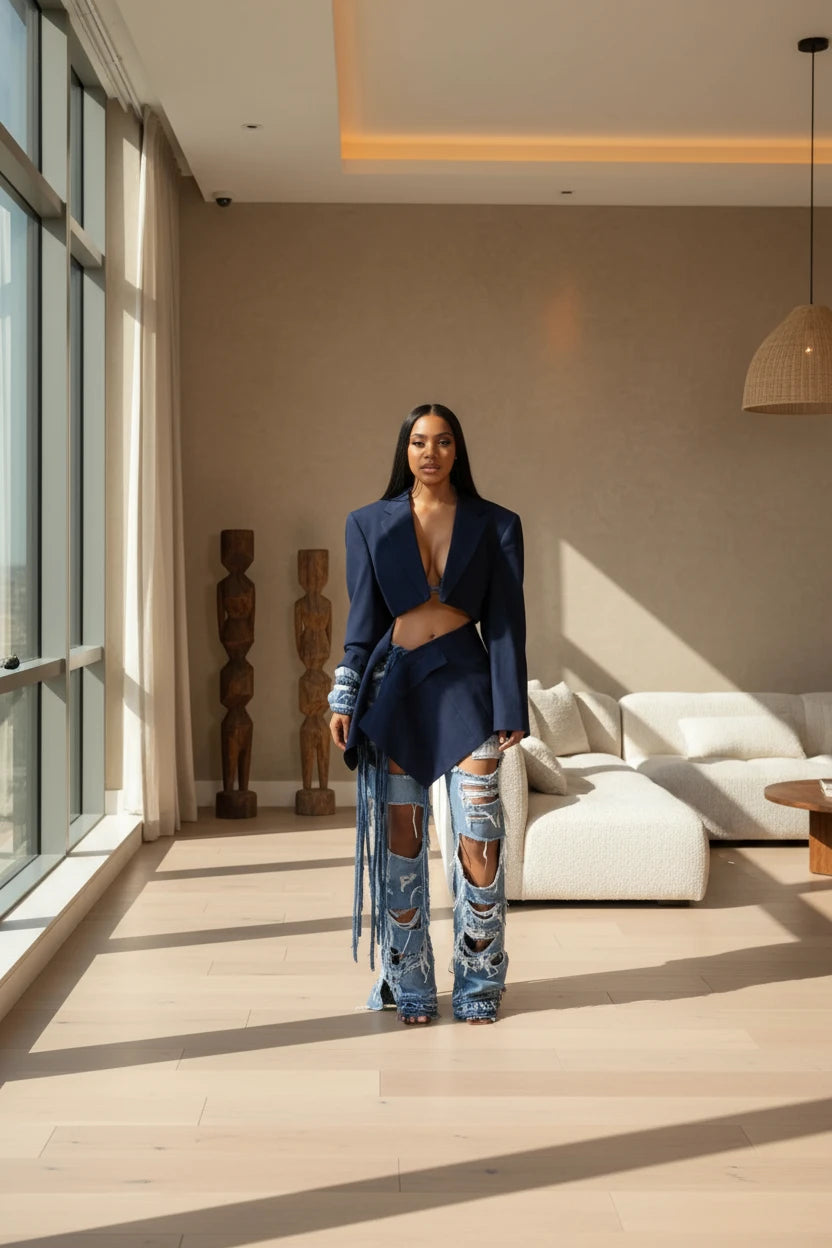 Full Sleeve Blazer & Denim Tie Up Pants Set