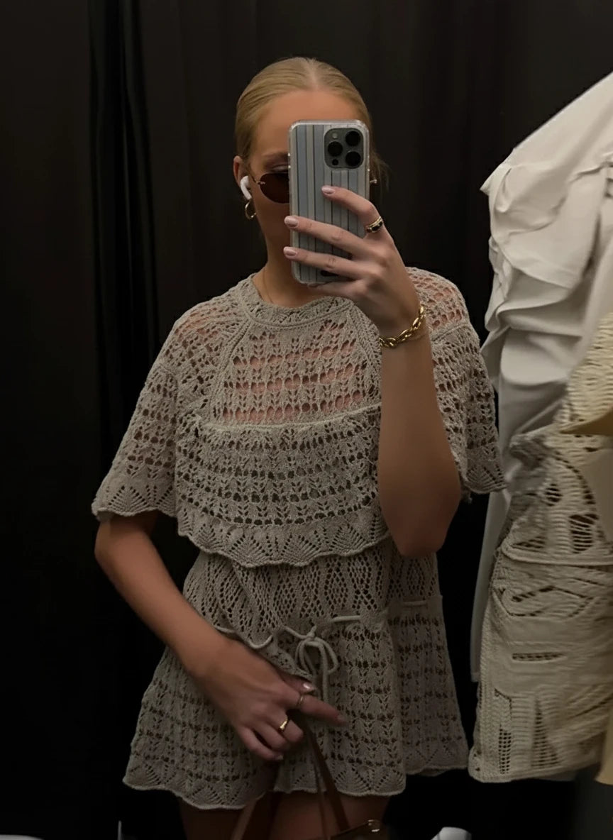 Hollow Out Loose Lace Up Pleated O-Neck Short Sleeve Blouse
