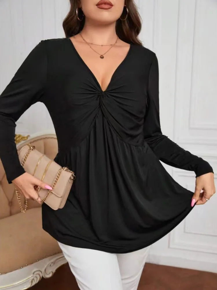 Plus Size Twist Front V-neck Casual Long Sleeve Slim-fit Blouse