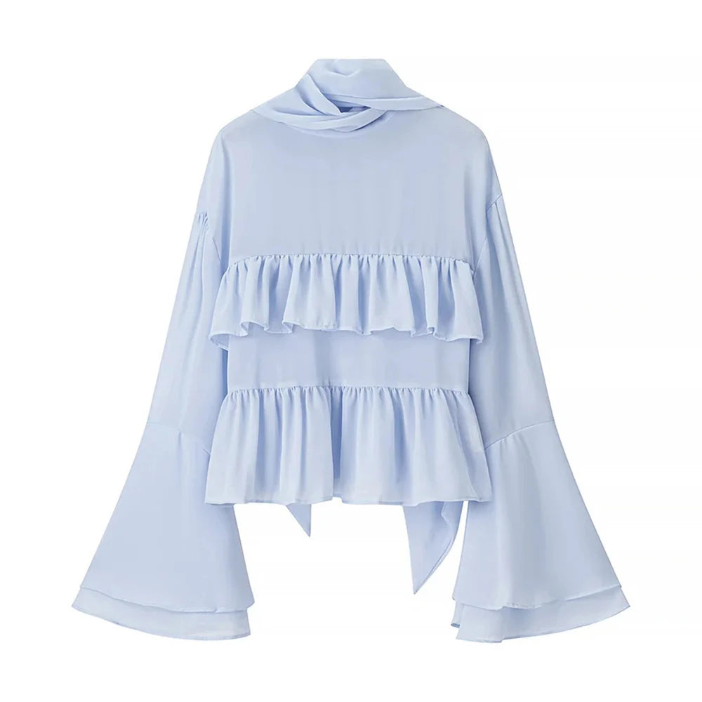 Women’s Solid Spliced Ruffles Slimming O Neck Long Sleeve Blouse