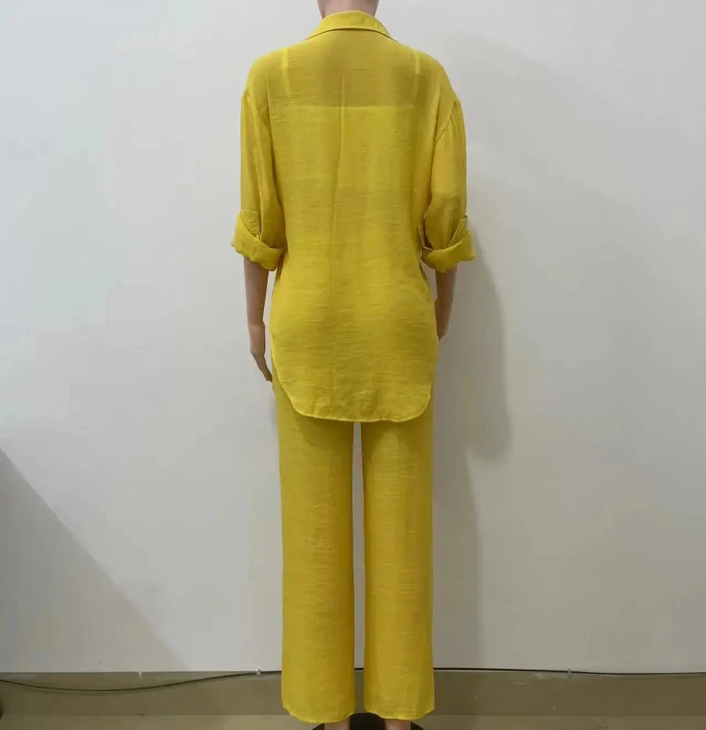 Women's Full Sleeve Single Breasted Shirts & Wide Leg Pants Set