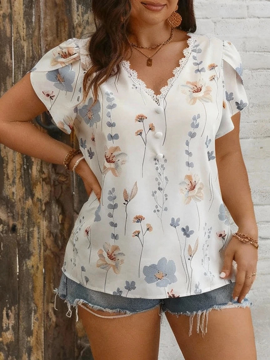 Plus Size V Neck Lace Petal Sleeve Vintage Floral Print Button Casual Blouse