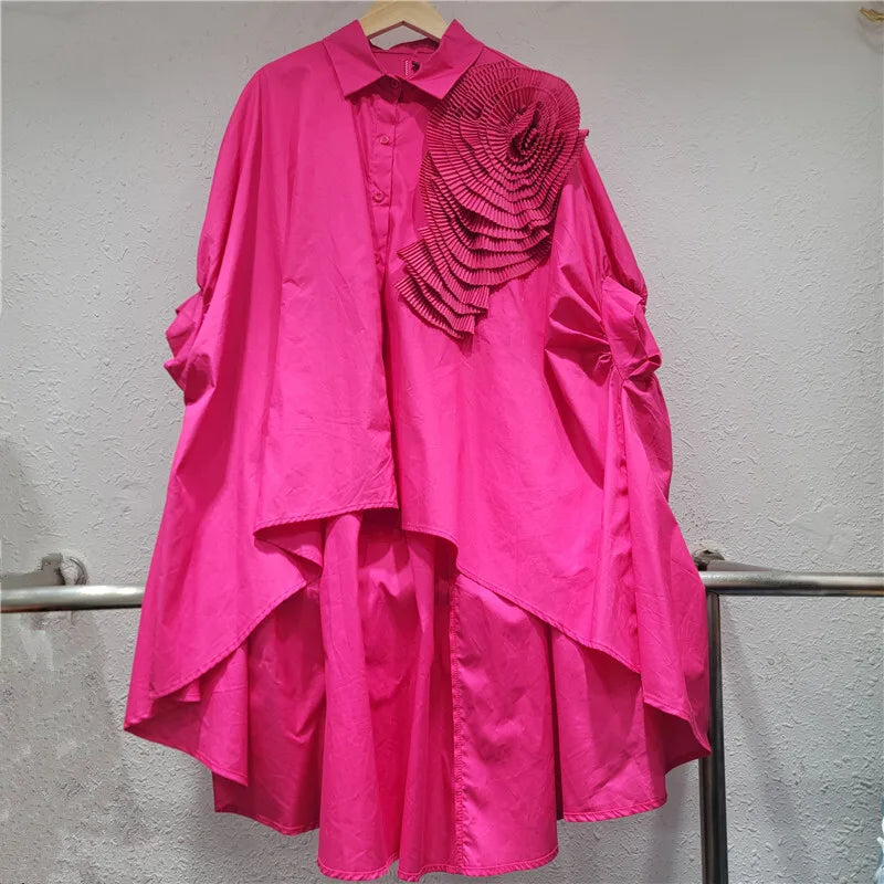 Women's Blouse Loose Irregular Solid Color Batwing Sleeve Flower Long Sleeve Casual Shirt