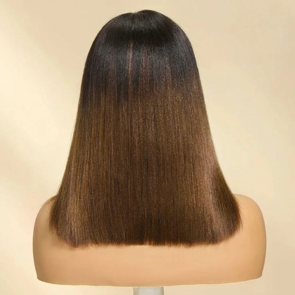 Chestnut Brown Yaki Straight Bob 7x5 Pre Cut Pre Bleached Glueless Wig Human Hair Ready To Wear