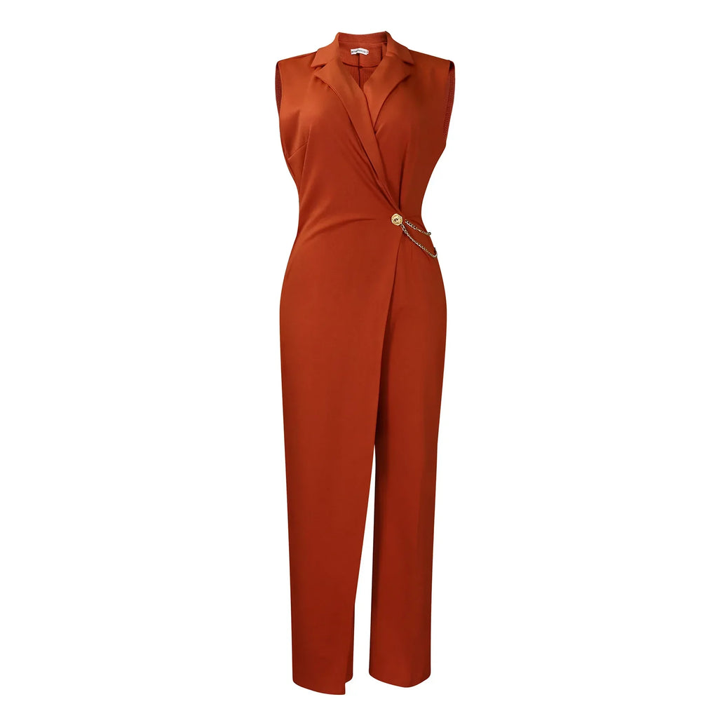 Women’s Wide Leg V-Neck Sleeveless Jumpsuit with Waist Chain