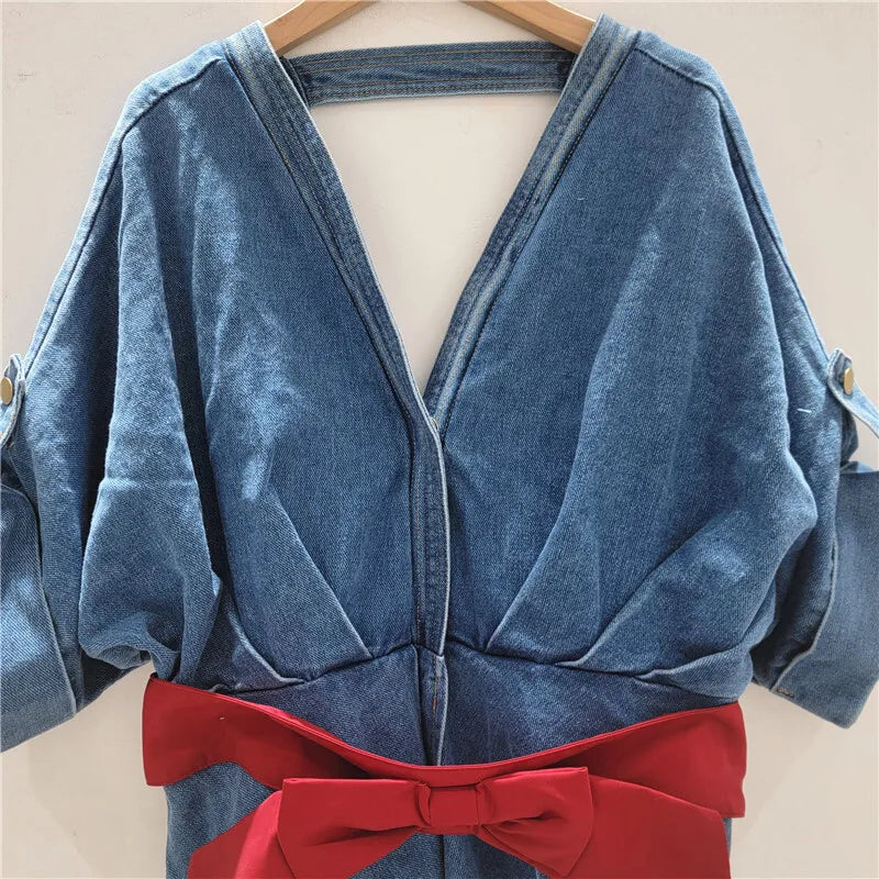 Women's Denim Shirt Deep V-neck Backless Short Sleeve Contrast Blouse