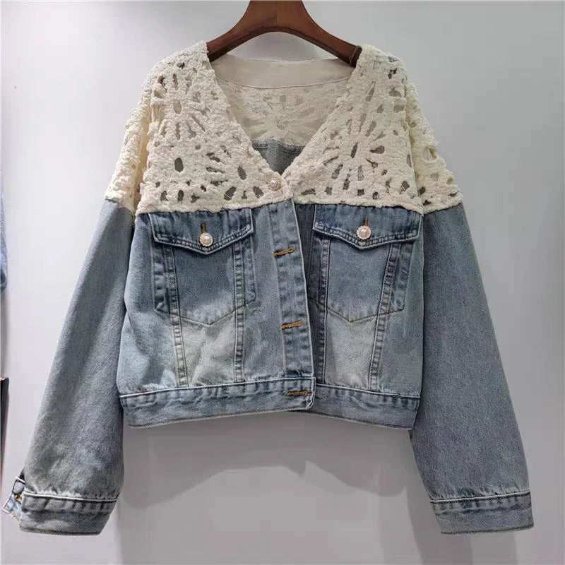 Women's Denim Patchwork Lace Hollow Out Shoulder V-neck Single Breasted Jacket