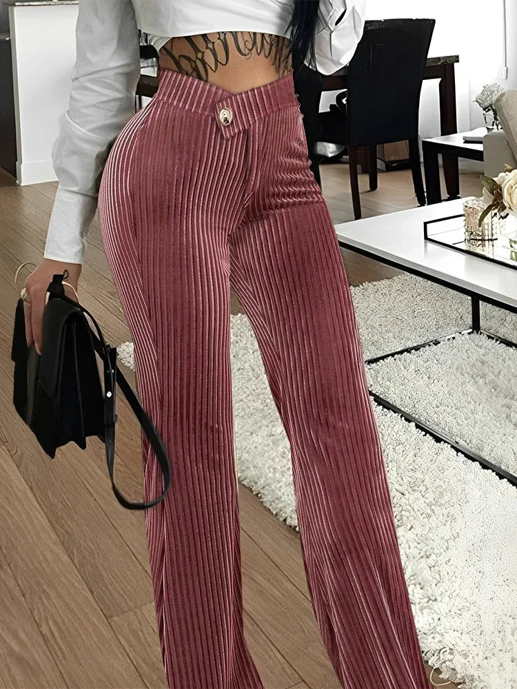 Women’s Corduroy Zipper Fly V-low Waist Straight Wide Leg Pants