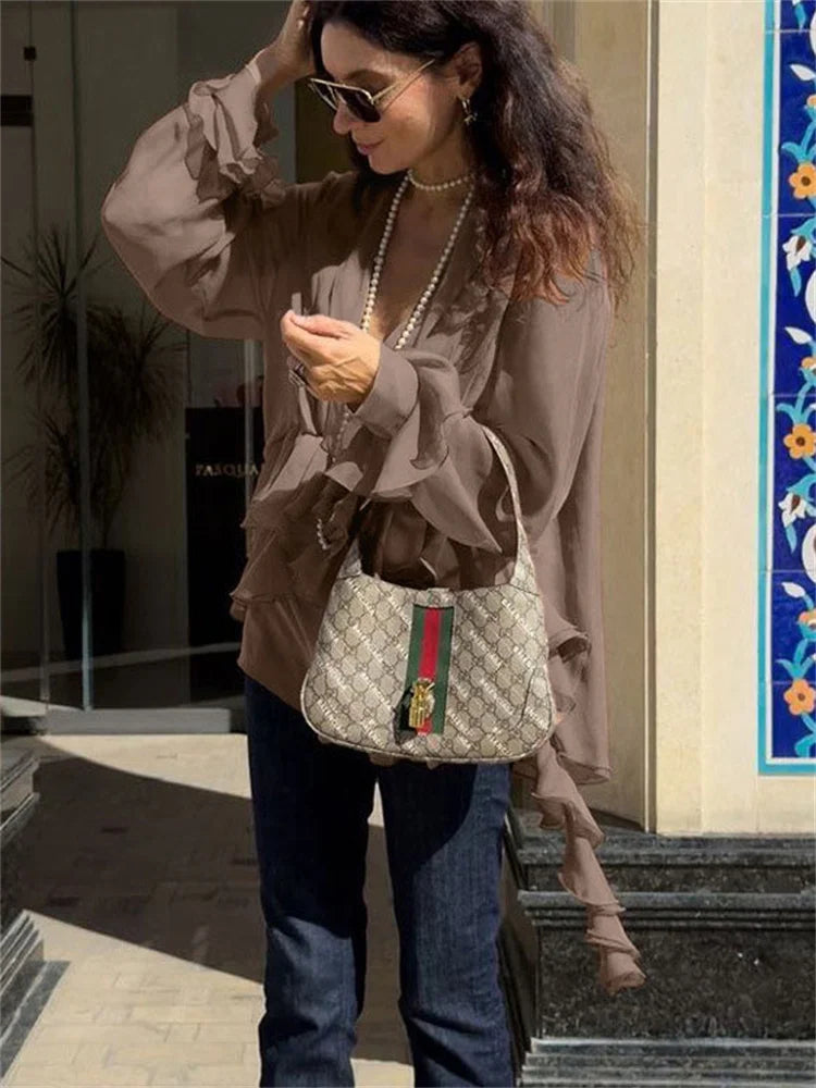 Chiffon Ruffled V-Neck Patchwork Long Sleeve Blouse