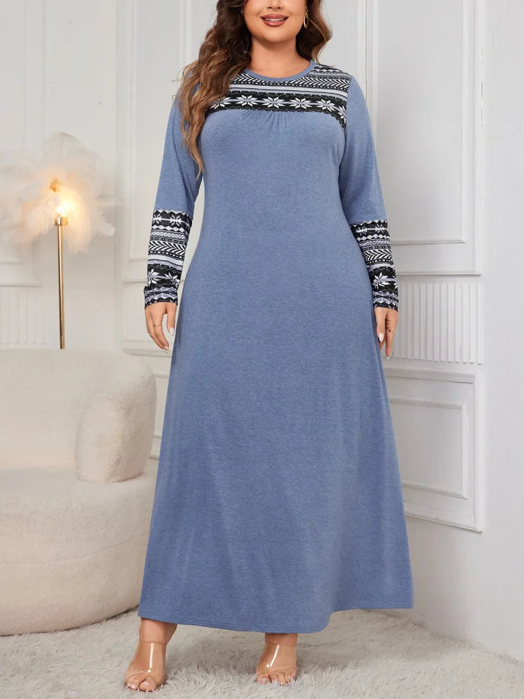 Plus Size Ethnic Print Crew Neck Long Sleeve Maxi Dress