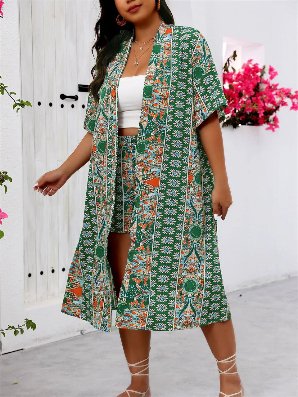 Women’s Plus Size Long Kimono Cardigan with Shorts Two Piece Set