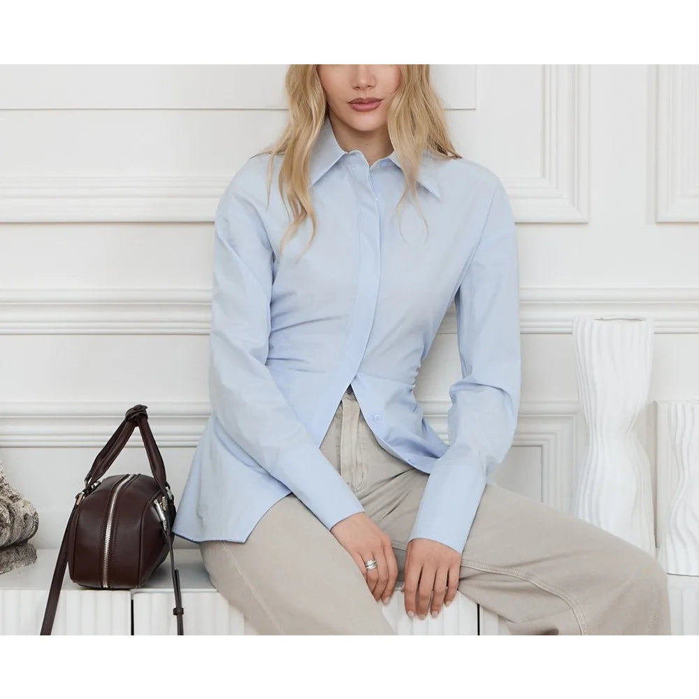 Women’s Solid Spliced Slimming Lapel Long Sleeve Tunic Temperament Blouse