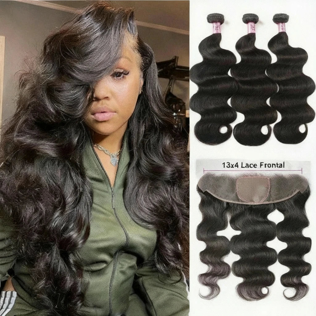 Brazilian Body Wave 3 Bundles w/ Lace Frontal Closure 13x4 Free Part 100% Human Hair Bundles with Frontal