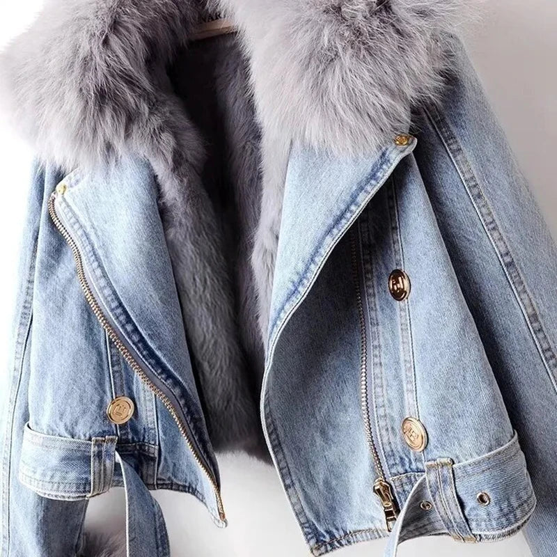 Winter Denim Overcoat Faux Fox Fur Collar