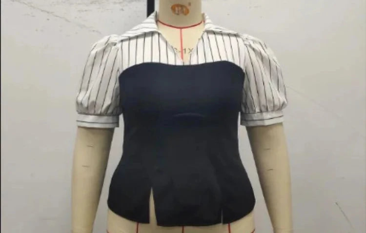 Women’s Plus Size Striped V-Neck Puff Front Split Sleeve Blouse