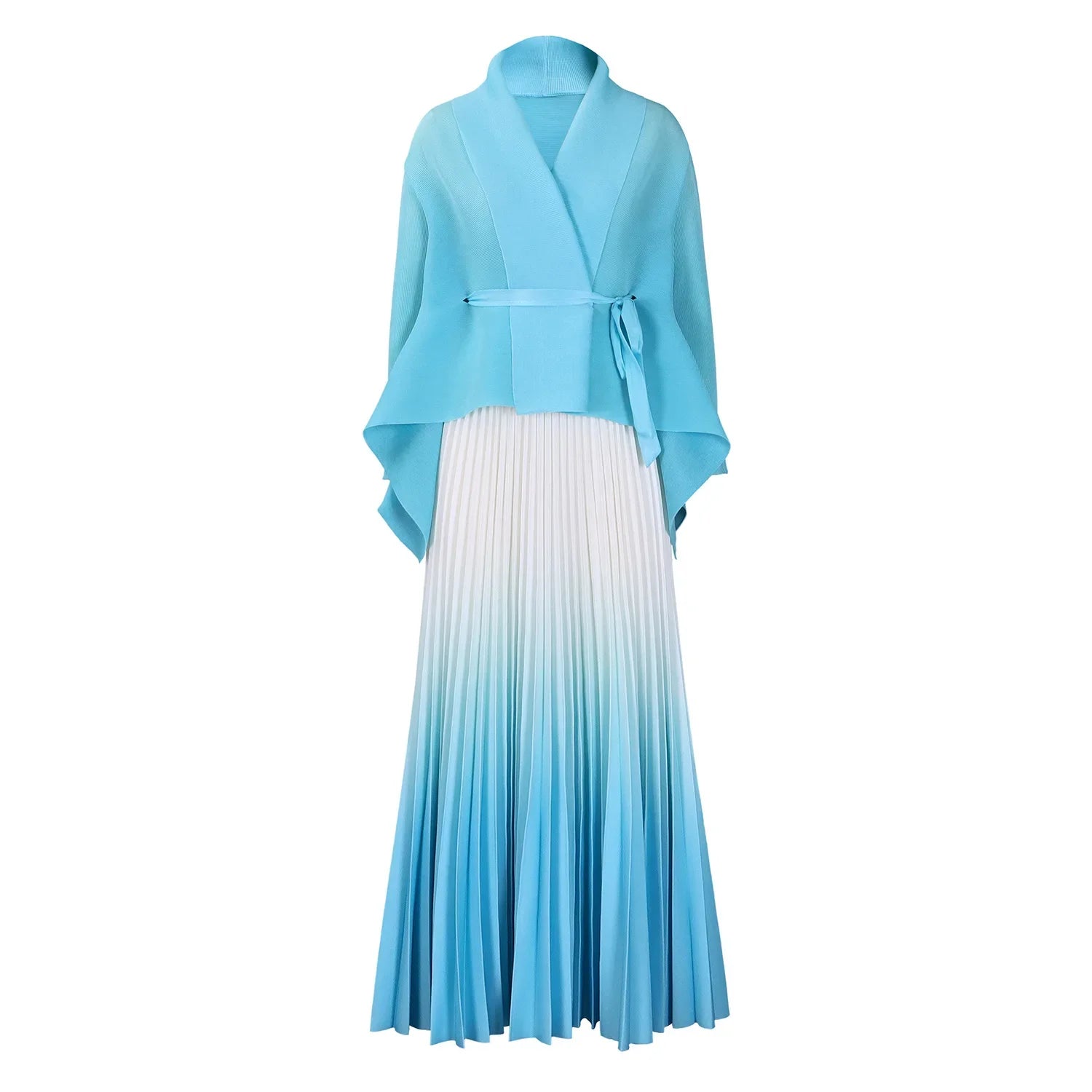 Gradient Women's Full Sleeve V-Neck Blouse with Beltt and Pleated Maxi Skirt Set