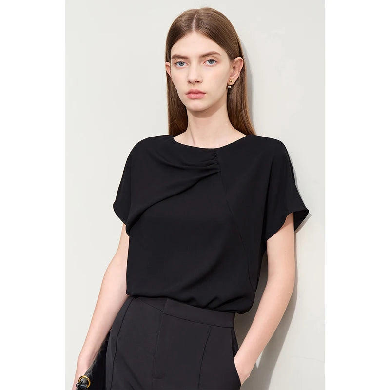 Women’s Round Neck Small Fly Sleeve Loose Basics Chiffon Blouse