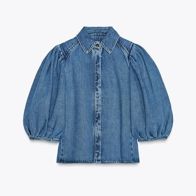 Women’s Denim Short Solid Lapel Half Puff Sleeve Single Breasted Pleated Top