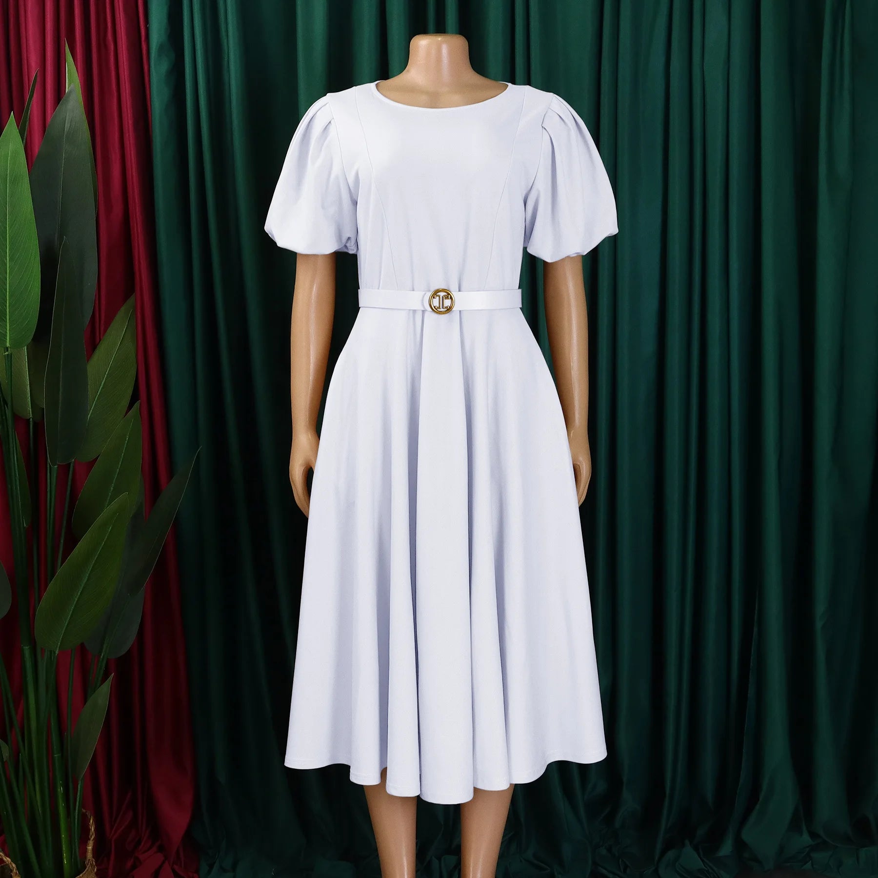 Women’s Long A Line Belted High Waist Puff Sleeve Dress